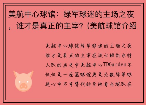 美航中心球馆：绿军球迷的主场之夜，谁才是真正的主宰？(美航球馆介绍及视频)